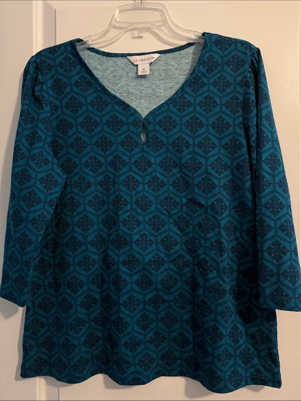 Liz Claiborne Teal Geometric V-Neck Long Sleeve Top